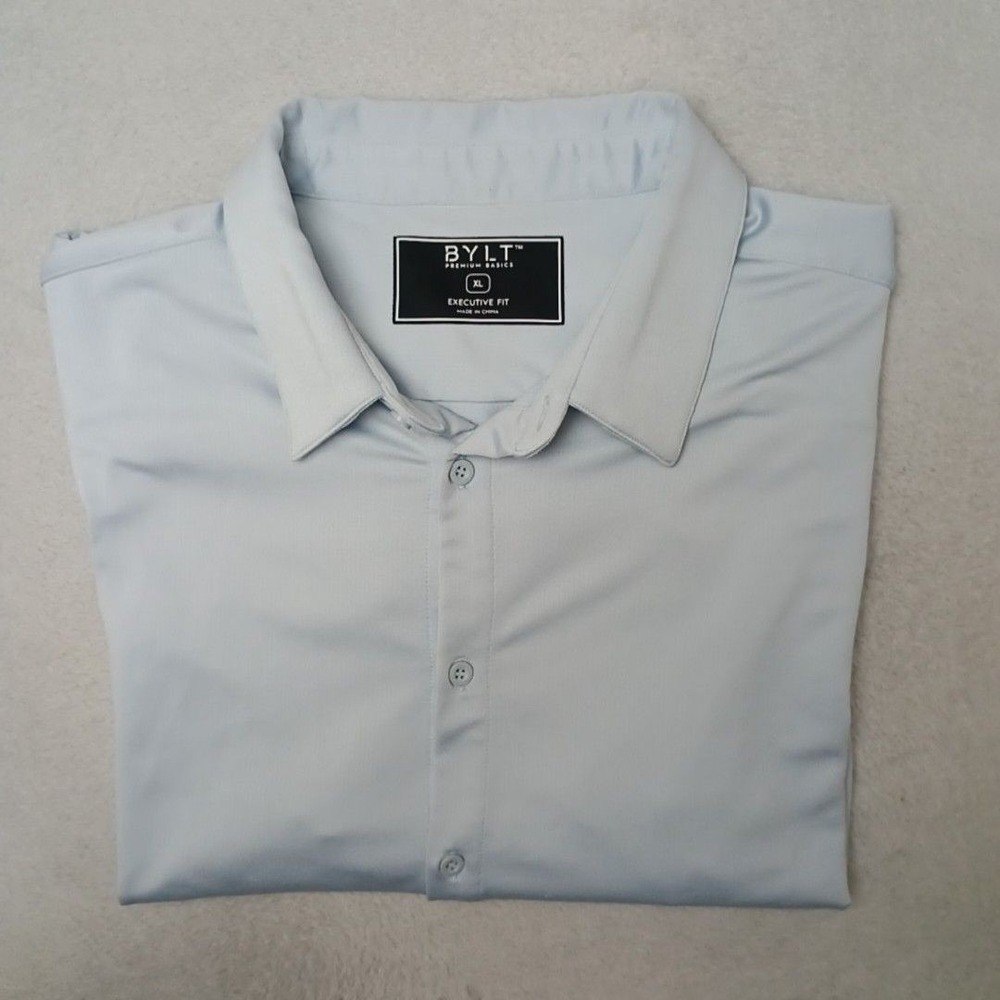 BYLT Shirt Mens XL Blue Button-Up Short Sleeve Executive Fit Stretch Performance